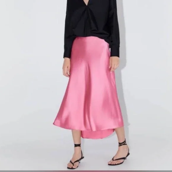 Zara Pink Asymmetric Midi Women’s Size Medium Maxi Satin Silk Finish Skit - Picture 3 of 7